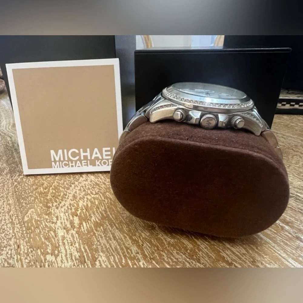 Michael Kors Silver Chronograph Watch with Crystal Bezel